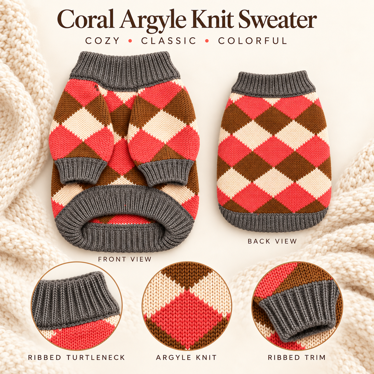 Coral argyle knit pet sweater shown in front and back views on a cream background with a knitted blanket. The sweater has a brown, coral red, and cream argyle pattern with dark gray ribbed trim at the neck, legs, and belly.