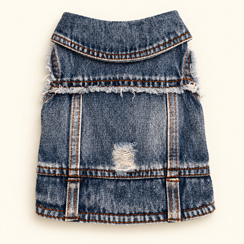 A blue denim vest for small pets, featuring a distressed ripped detail on the front and frayed edges, shown flat against a light cream background.