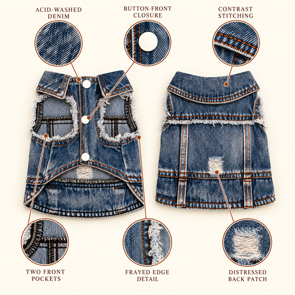 A blue denim pet dress shown front and back on a light beige background, with callout circles and labels highlighting features such as acid-washed denim, button-front closure, contrast stitching, two front pockets, frayed edge detail, and a distressed back patch.