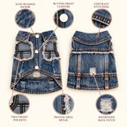A blue denim pet dress shown front and back on a light beige background, with callout circles and labels highlighting features such as acid-washed denim, button-front closure, contrast stitching, two front pockets, frayed edge detail, and a distressed back patch.