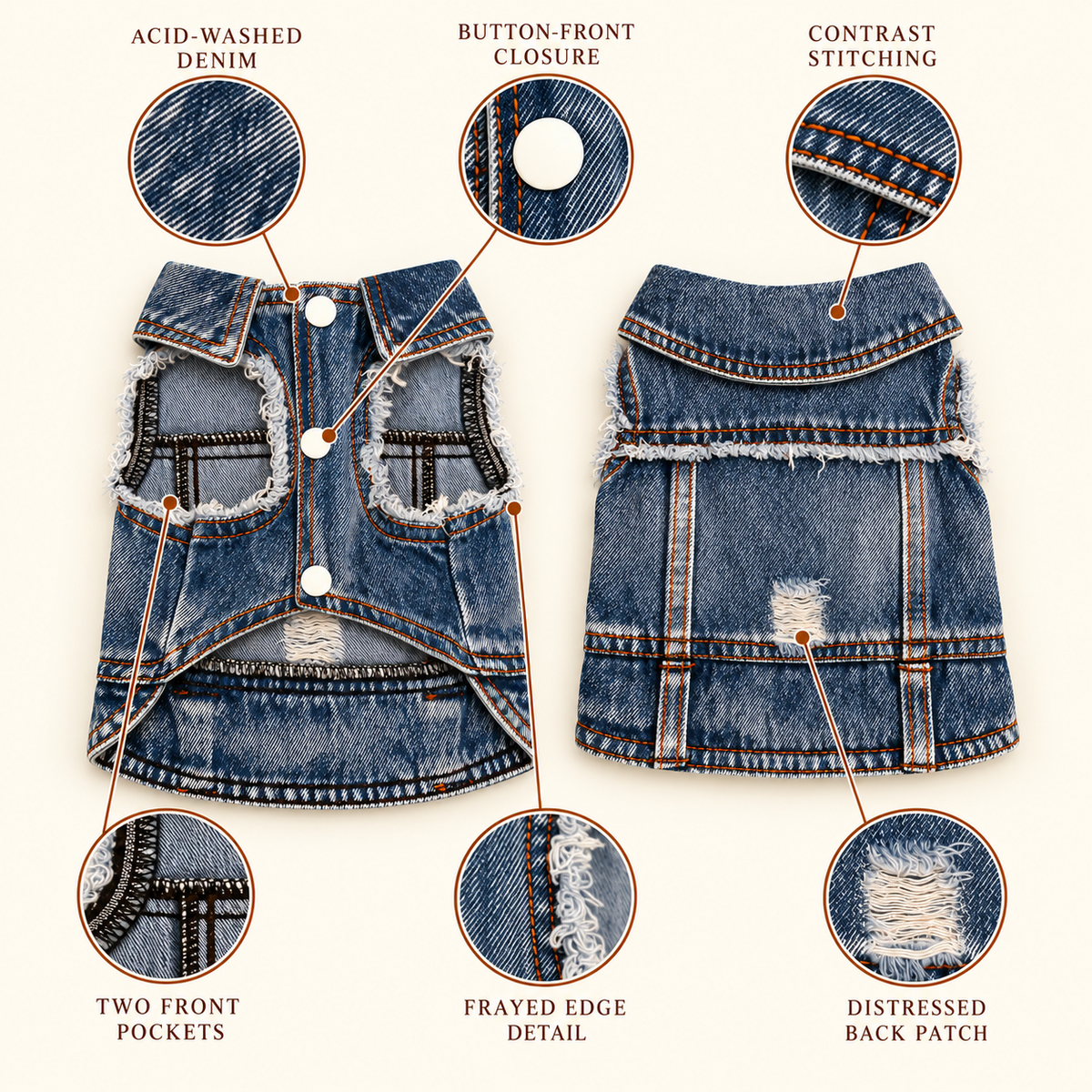 A blue denim pet dress shown front and back on a light beige background, with callout circles and labels highlighting features such as acid-washed denim, button-front closure, contrast stitching, two front pockets, frayed edge detail, and a distressed back patch.
