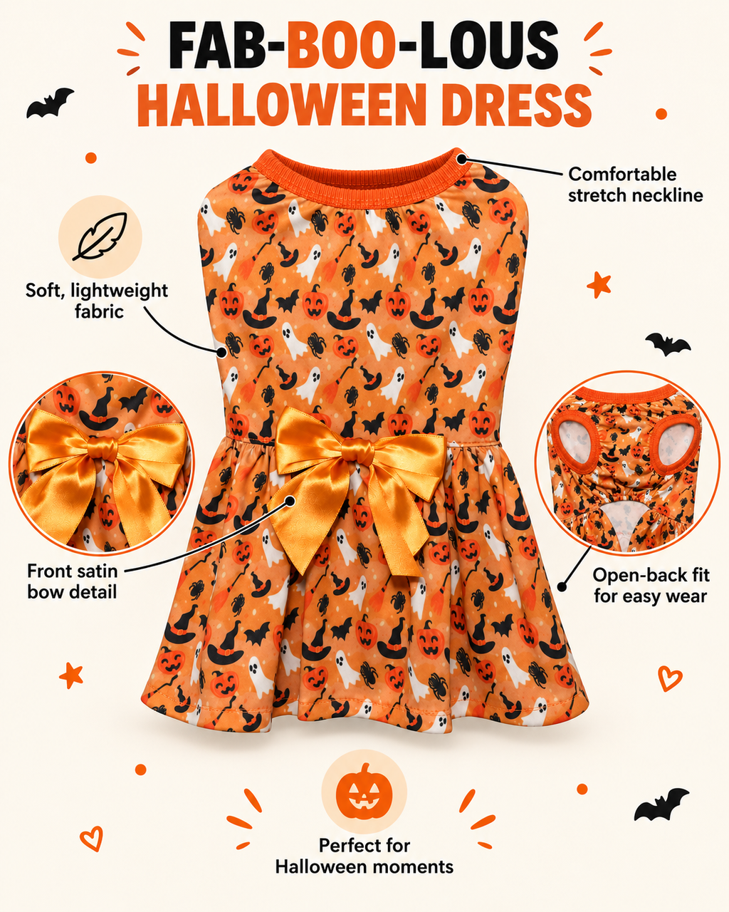 Orange Halloween dog dress with black and white pumpkin print and orange satin bow at the waist, shown flat with marketing callout labels highlighting design details
