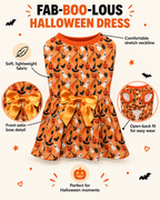 Orange Halloween dog dress with black and white pumpkin print and orange satin bow at the waist, shown flat with marketing callout labels highlighting design details