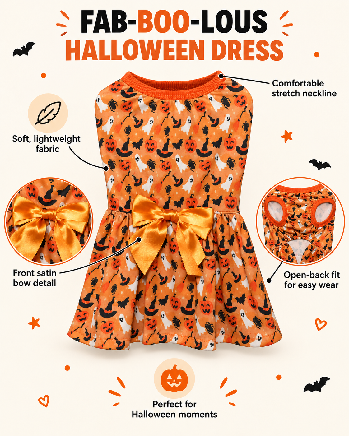 Orange Halloween dog dress with black and white pumpkin print and orange satin bow at the waist, shown flat with marketing callout labels highlighting design details