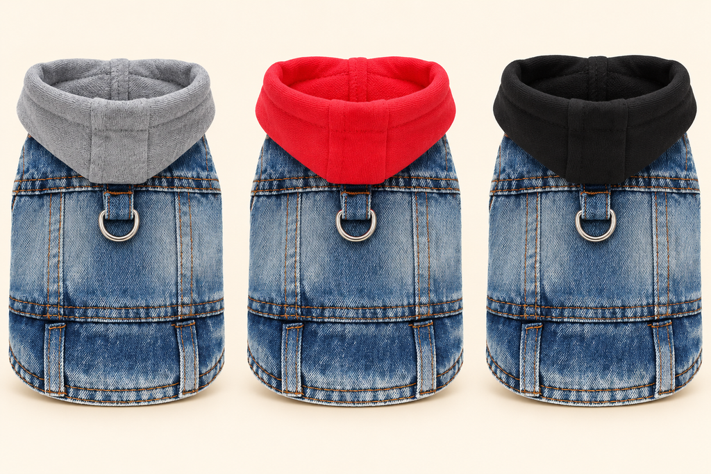 Three dog hoodies styled like denim jackets, shown side by side in gray, red, and black hoodies on a light beige background.