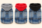 Three dog hoodies styled like denim jackets, shown side by side in gray, red, and black hoodies on a light beige background.