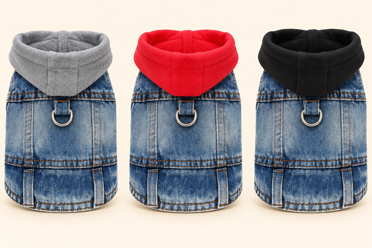 Three dog hoodies styled like denim jackets, shown side by side in gray, red, and black hoodies on a light beige background.