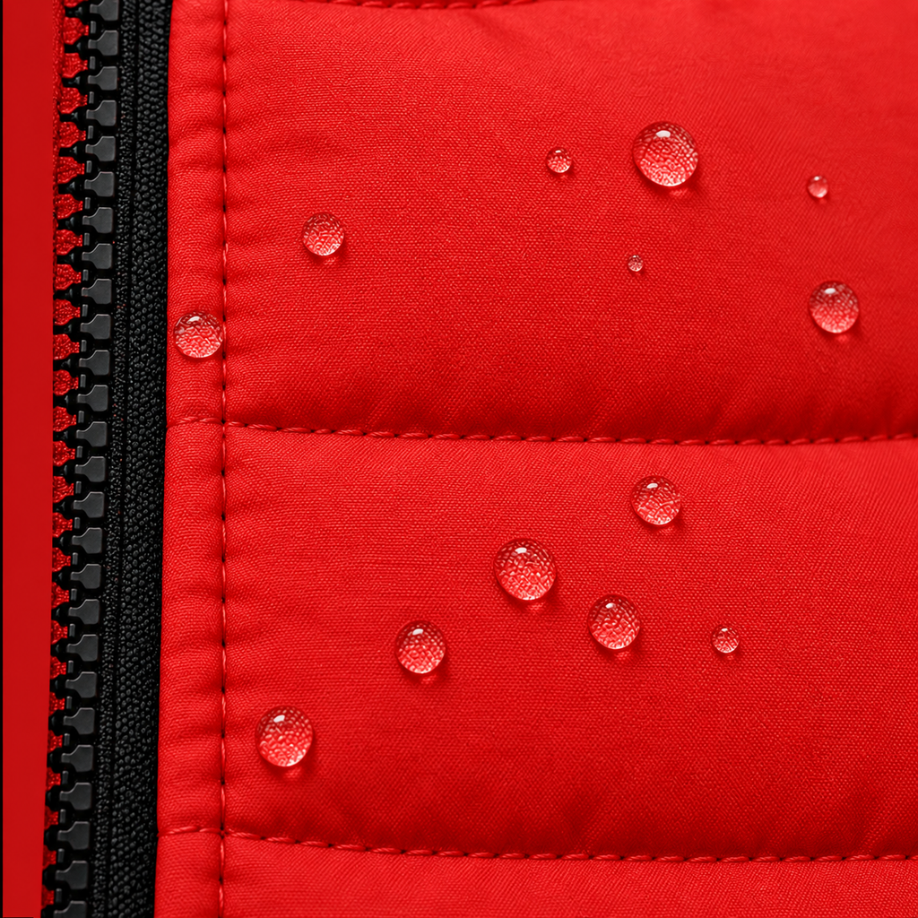 Close-up of a bright red quilted fabric surface with water droplets beaded along the zipper edge, showing water repellency.