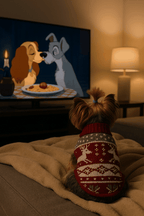 small dog wearing red and grey reindeer knit dog sweater watching TV indoors
