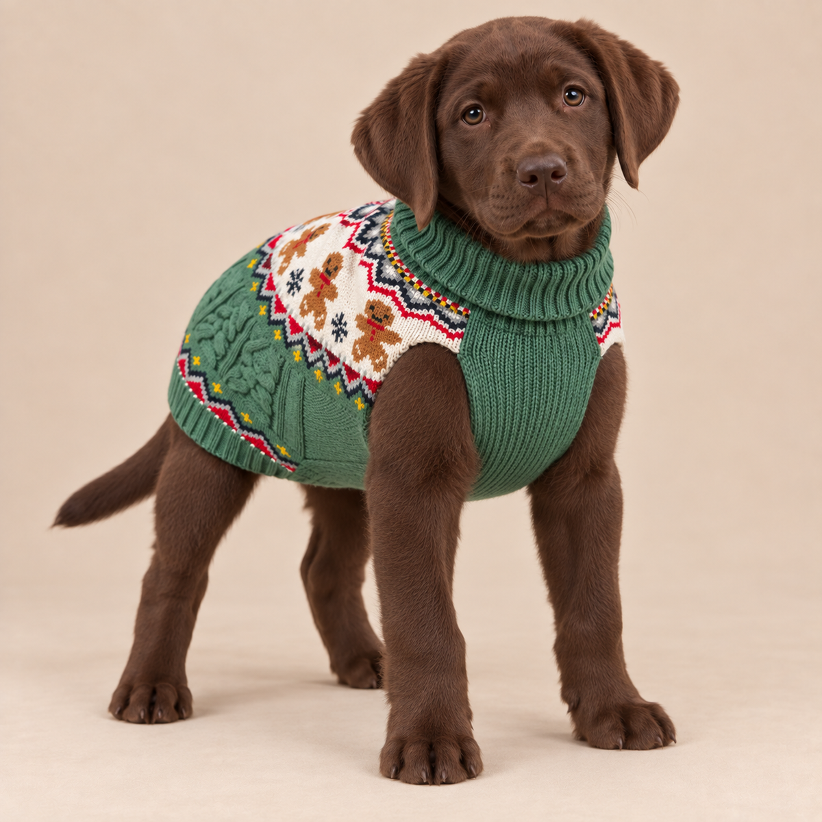 A chocolate Labrador retriever puppy wearing a green knit sweater with a colorful Fair Isle pattern, standing against a solid beige studio background.