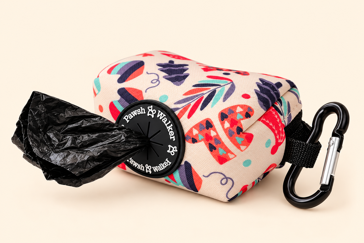 Matching Christmas print poop bag holder with carabiner clip