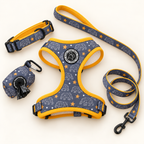 A dog gear set including a harness, leash, collar, and poop bag cover, all featuring a navy blue and yellow pattern of polar bears and stars, laid out on a light cream background.