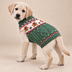 A light cream-colored Labrador Retriever puppy wearing a green knit sweater with a festive multicolor pattern, standing against a solid beige studio background.