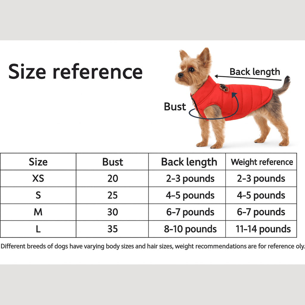 Red quilted dog vest size chart showing measurements for XS to L sizes