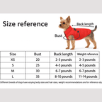 Red quilted dog vest size chart showing measurements for XS to L sizes