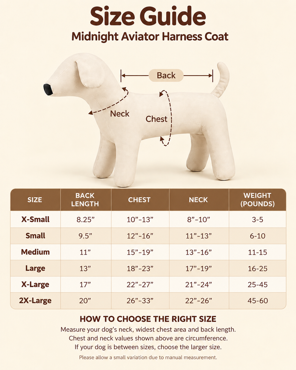 Size guide for the Midnight Aviator Harness Coat with back length, chest, neck and dog weight by size