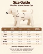 Size guide for the Midnight Aviator Harness Coat with back length, chest, neck and dog weight by size