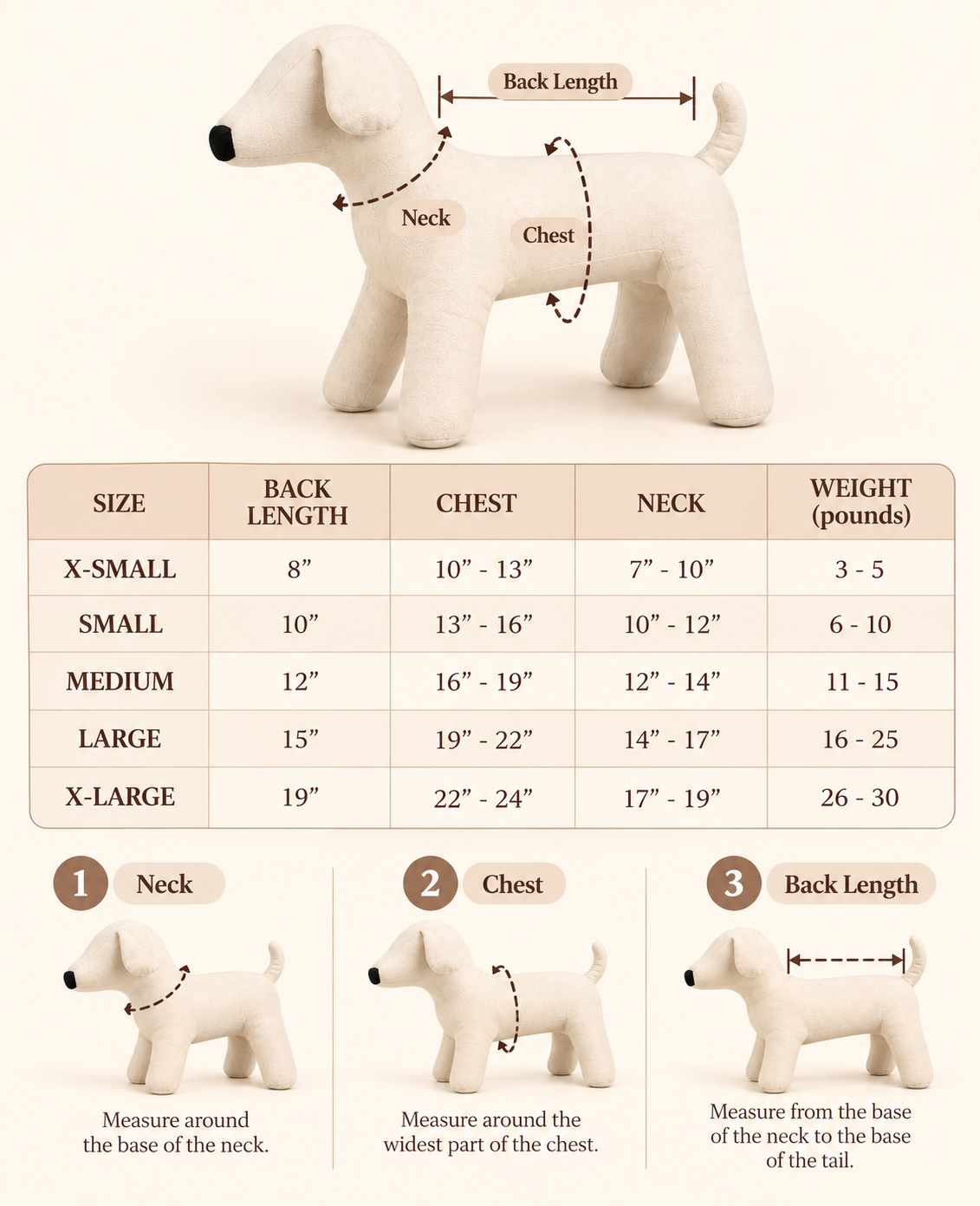 Size guide for a small dog-shaped product, showing a beige plush dog with arrows marking back length, neck, and chest measurements, plus a size chart table and three numbered measurement callouts on a cream background.