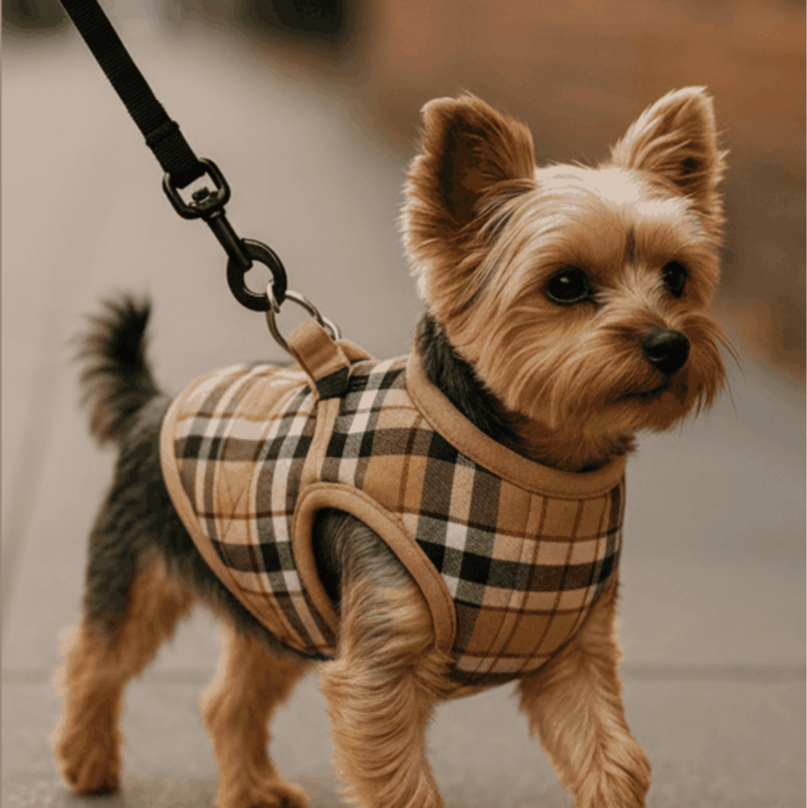 Small dog wearing a padded plaid dog harness vest with zipper and double D-ring leash clip on a walk