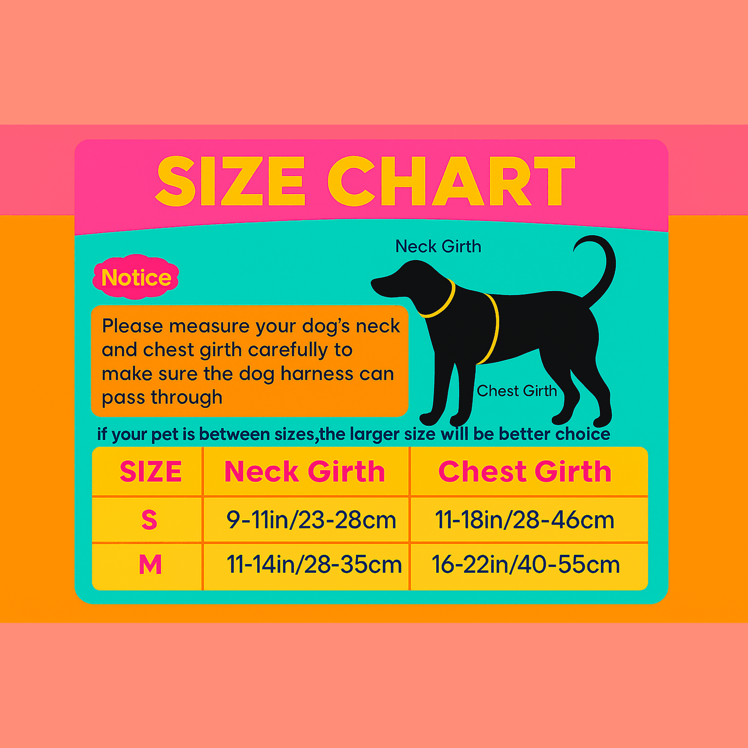 Size chart for Black Dog Tuxedo Harness showing neck and chest girth measurements for small and medium dogs.