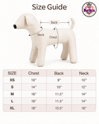 Size guide diagram for a dog-shaped product, showing a cream-colored dog figure with arrows labeling chest, back, and neck measurements, plus a size table from XS to XL with corresponding measurements. The Keka Pet brand logo appears in the top right.