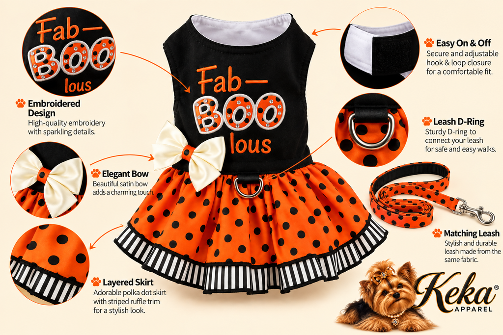 An orange and black pet costume set with a black top, polka-dot skirt, matching accessories, and a small dog photo on a branded infographic background. The image includes callout labels for features like embroidered design, bow, leash D-ring, and matching leash.