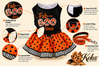 An orange and black pet costume set with a black top, polka-dot skirt, matching accessories, and a small dog photo on a branded infographic background. The image includes callout labels for features like embroidered design, bow, leash D-ring, and matching leash.