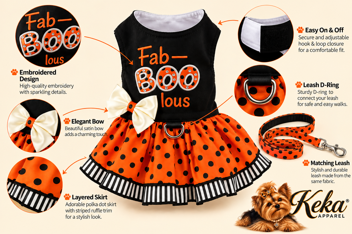 An orange and black pet costume set with a black top, polka-dot skirt, matching accessories, and a small dog photo on a branded infographic background. The image includes callout labels for features like embroidered design, bow, leash D-ring, and matching leash.