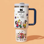 Snoopy Friends White 40 oz insulated tumbler with engraved Peanuts characters and handle