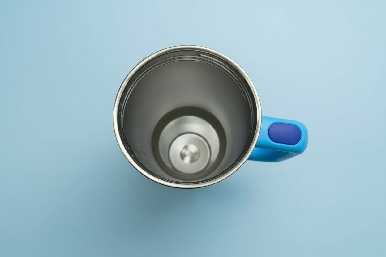 Stainless steel mug with blue handle on a light blue background