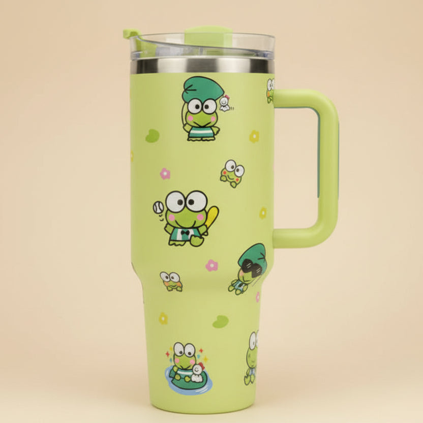 Keroppi 40 oz insulated travel tumbler with handle and reusable straw in green with Sanrio frog designs