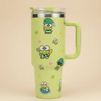 Keroppi 40 oz insulated travel tumbler with handle and reusable straw in green with Sanrio frog designs