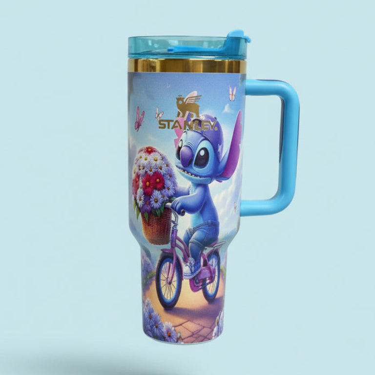 Disney Stitch Bicycle Blue 40 oz stainless steel tumbler with handle and engraved bicycle design