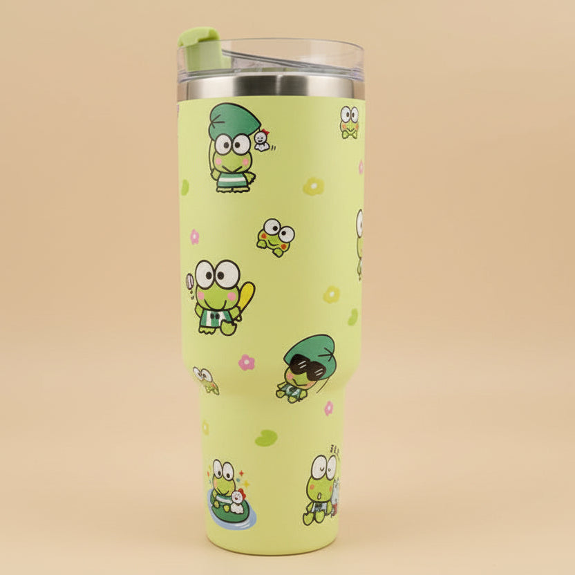 yellow insulated tumbler with cartoon frog characters design and green lid