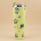 yellow insulated tumbler with cartoon frog characters design and green lid