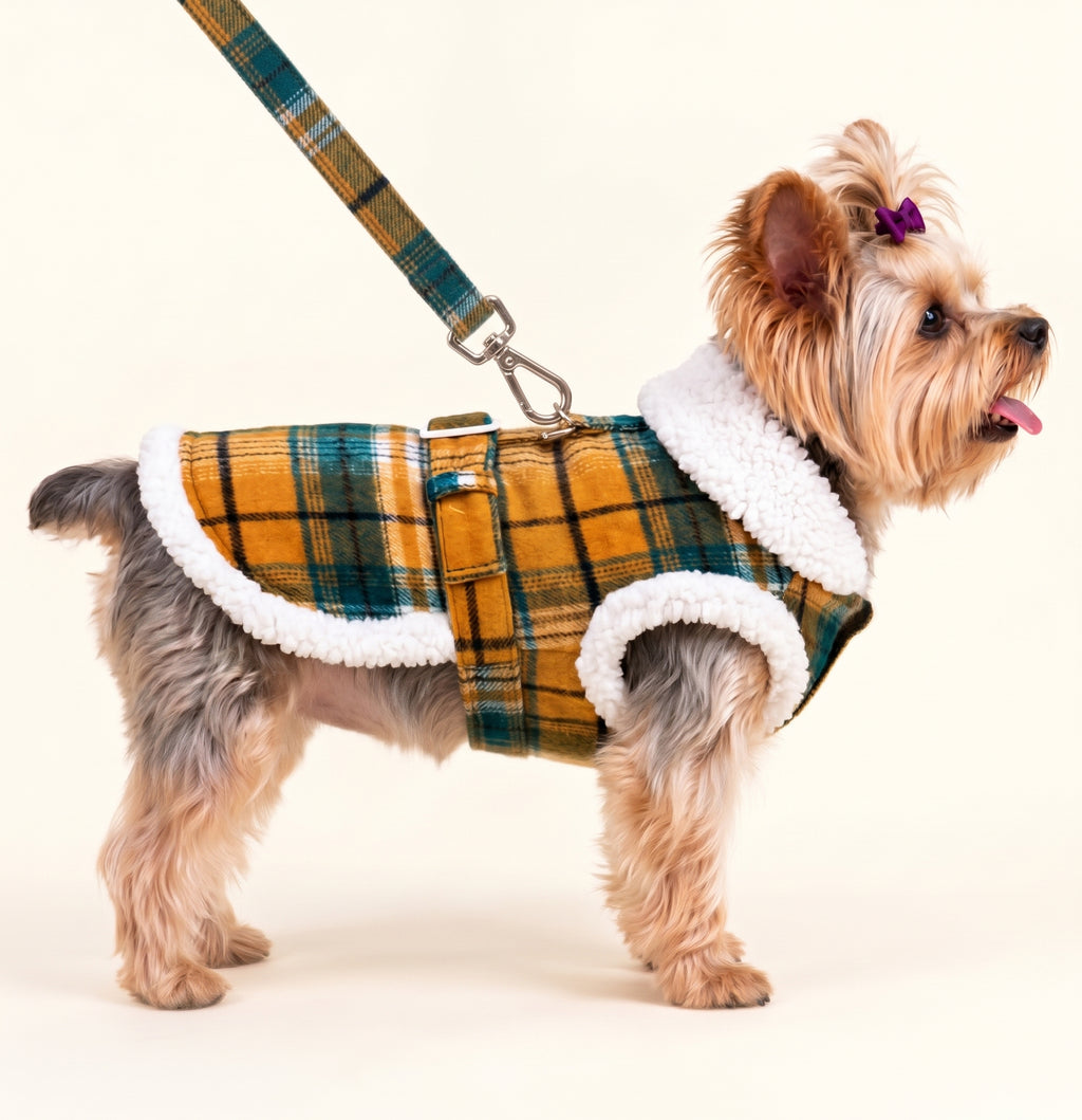 A small Yorkshire Terrier dog wearing a yellow and green plaid pet jacket with white sherpa lining, standing on a light beige background. The dog is also wearing a matching plaid leash.