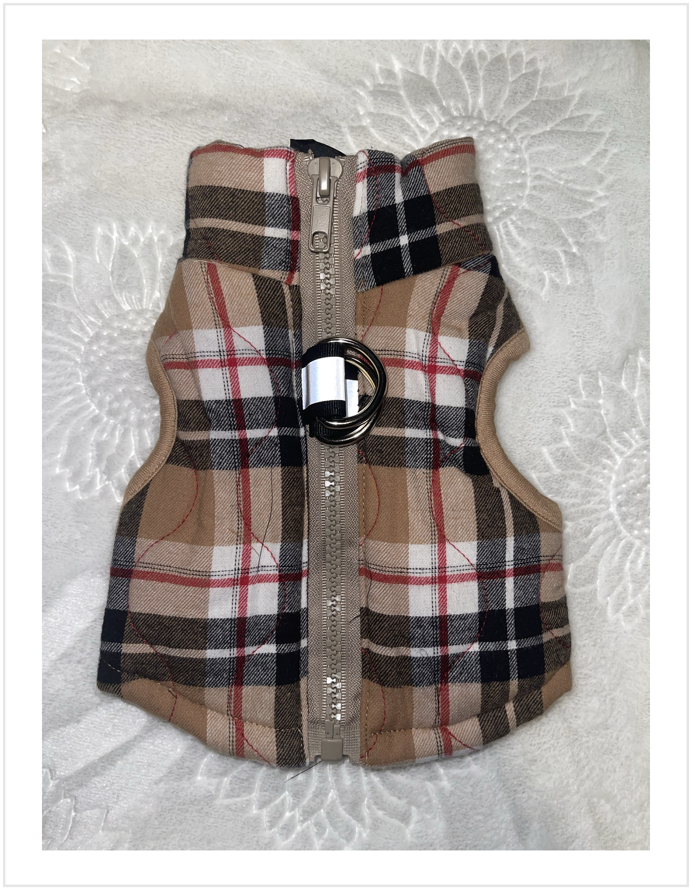 Plaid Dog Harness Vest with Zipper & Double D-Ring — Padded Jacket with Built-In Leash Clip (all sizes)