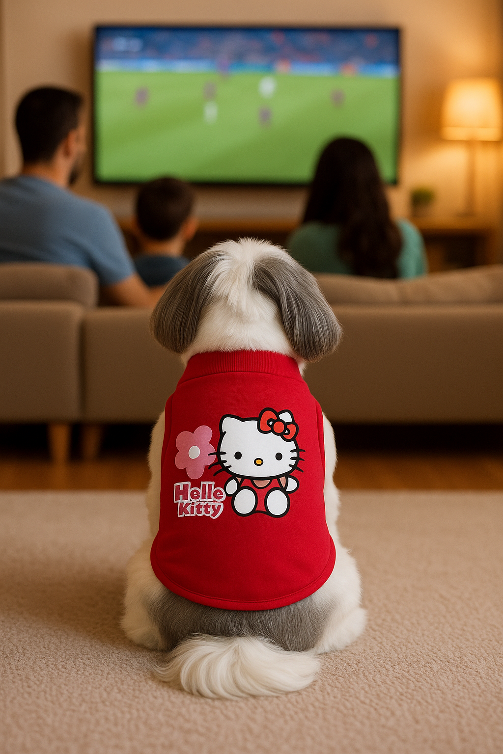 Dog wearing a Hello Kitty shirt sitting on the floor in front of a TV.
