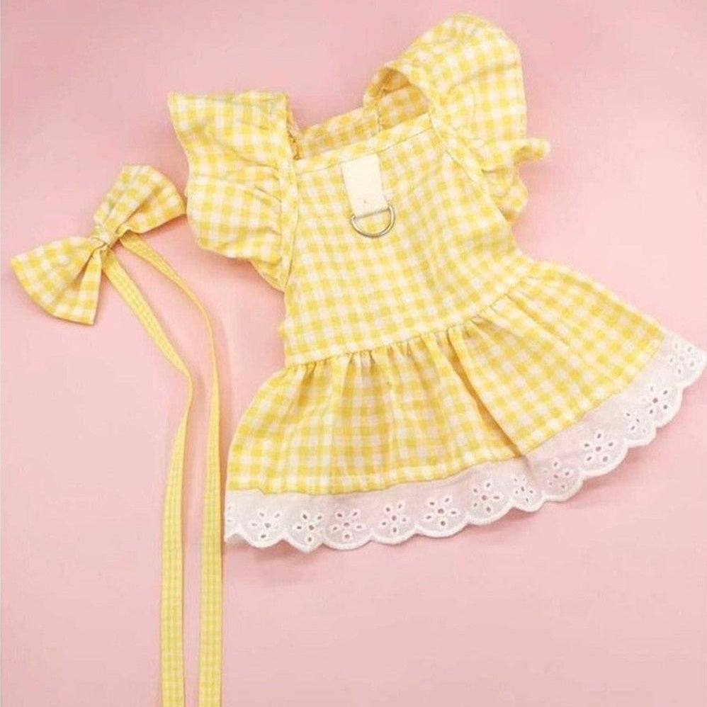 Sunny Yellow Gingham Dog Dress with Eyelet Lace & D-Ring for Leash Attachment
