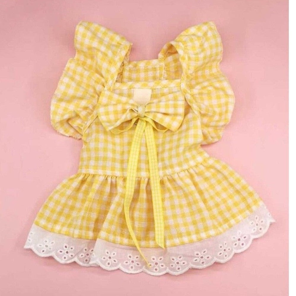 Sunny Yellow Gingham Dog Dress with Eyelet Lace & D-Ring for Leash Attachment