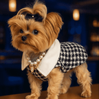 Small dog wearing an elegant black and white houndstooth dress with pearls and a decorative collar bow, styled like Chanel fashion.