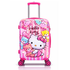 Pink Hello Kitty rolling suitcase with colorful teddy bear pattern and 360-degree wheels for kids travel luggage