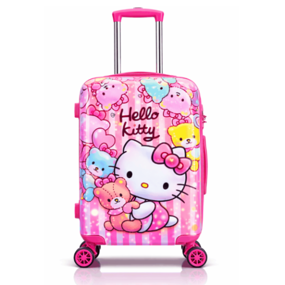 Pink Hello Kitty rolling suitcase with colorful teddy bear pattern and 360-degree wheels for kids travel luggage