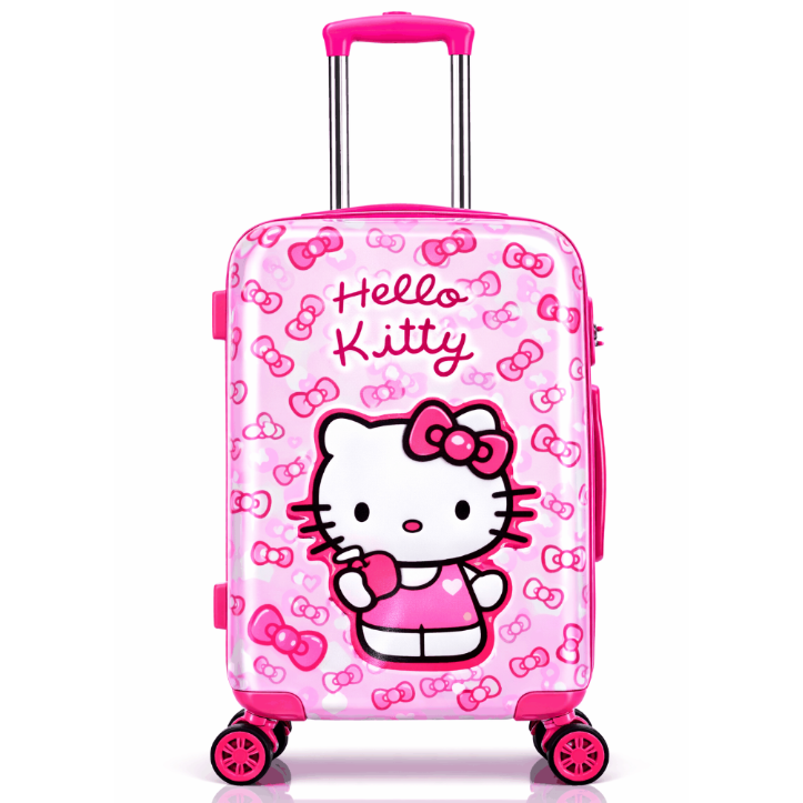 Hello Kitty pink hardshell rolling suitcase with vibrant floral pattern and 360° spinner wheels for kids travel