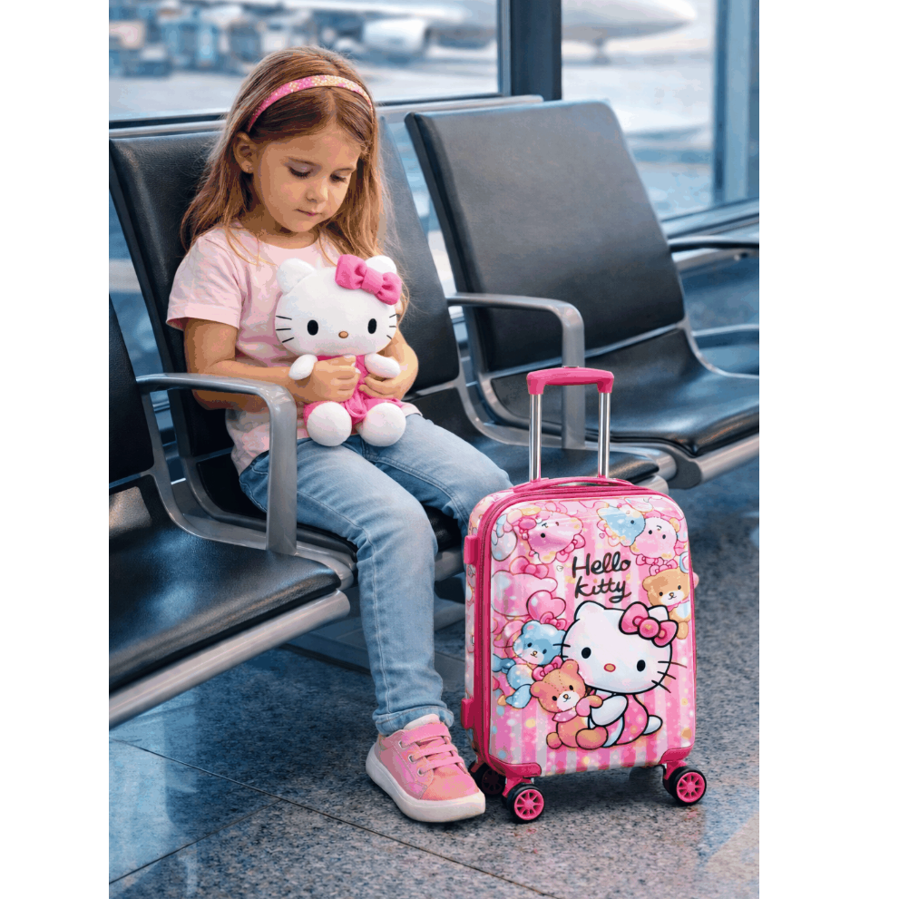 Hello Kitty Rolling Suitcase – Pink Hardshell Carry-On with Teddy Bear Pattern | Kids Travel Luggage
