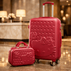 Red Hello Kitty suitcase and makeup case on a wooden floor with blurred background