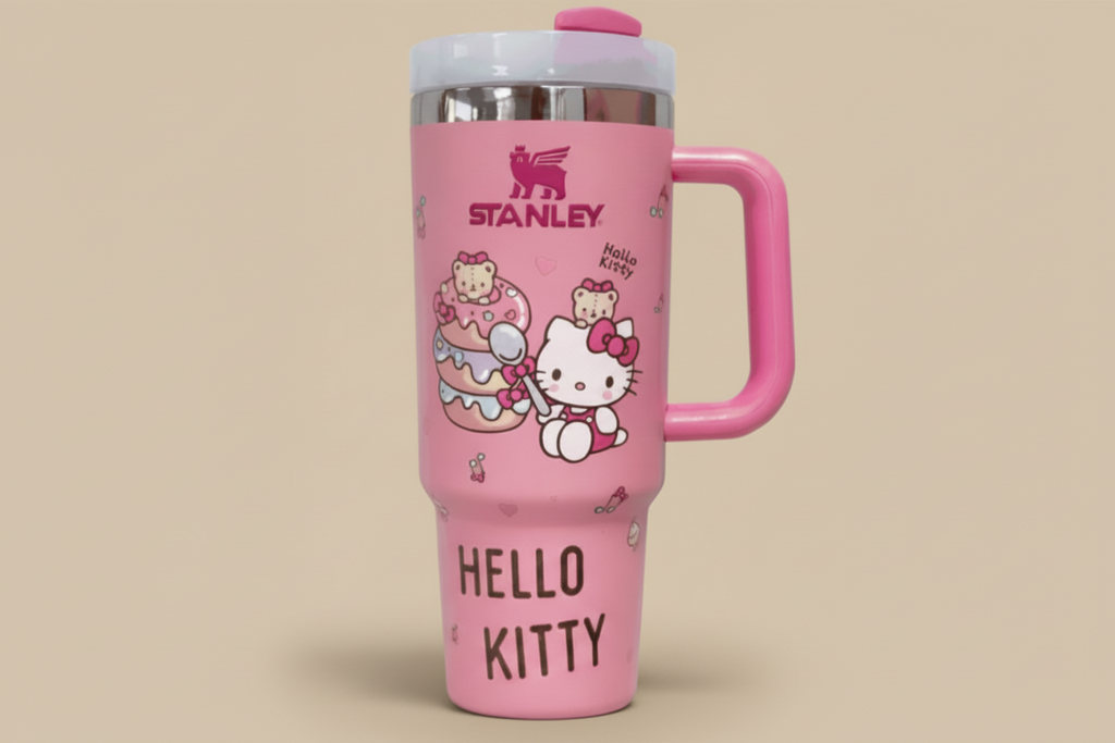 Pink Hello Kitty tumbler with insulated stainless steel travel cup and handle, featuring playful Hello Kitty and donut design, 40oz capacity.