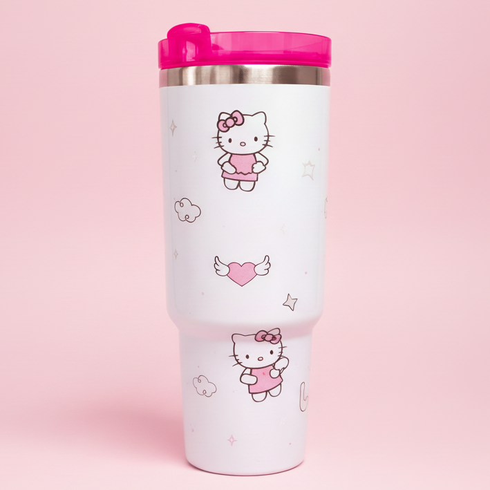 Hello Kitty 40oz insulated stainless steel tumbler with pink lid, handle, and reusable straw featuring kawaii Sanrio design