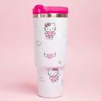 Hello Kitty 40oz insulated stainless steel tumbler with pink lid, handle, and reusable straw featuring kawaii Sanrio design