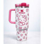 Pink and white Stanley Hello Kitty travel mug with love heart design